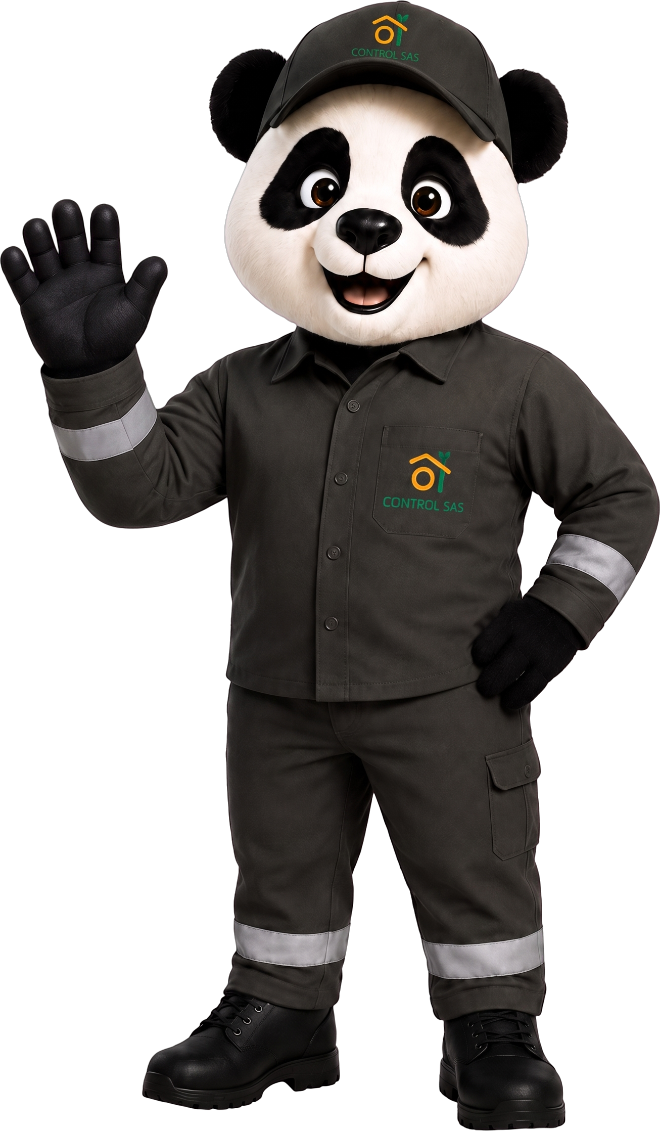 Controlito, la mascota de Control S.A.S., saludando con su uniforme de trabajo